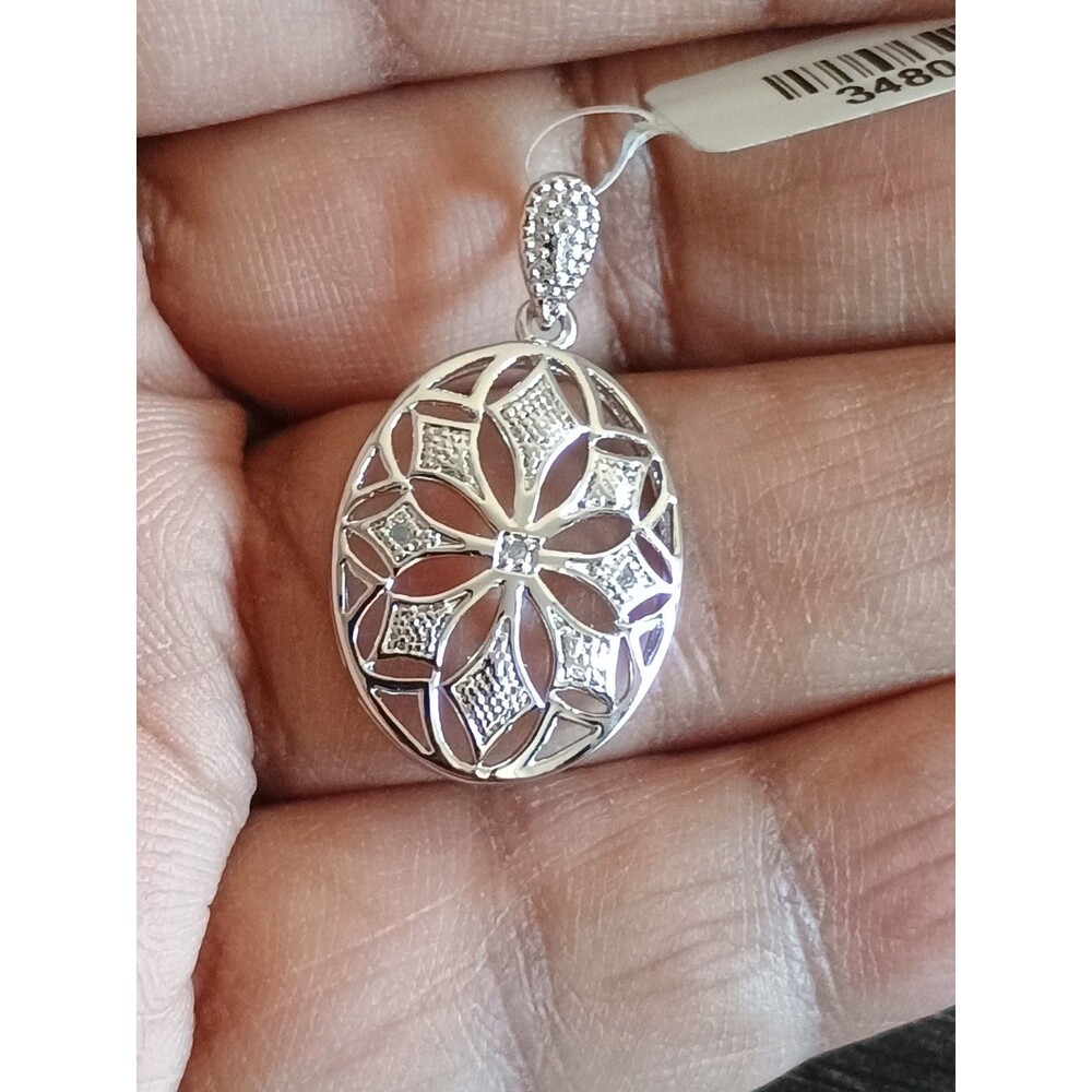Openwork Sterling Silver Plated Diamond Chip Pendant New